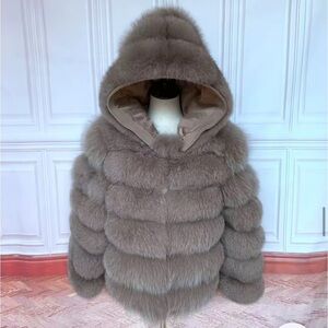 Luxurious real Fur Hooded Jacket - dark beige